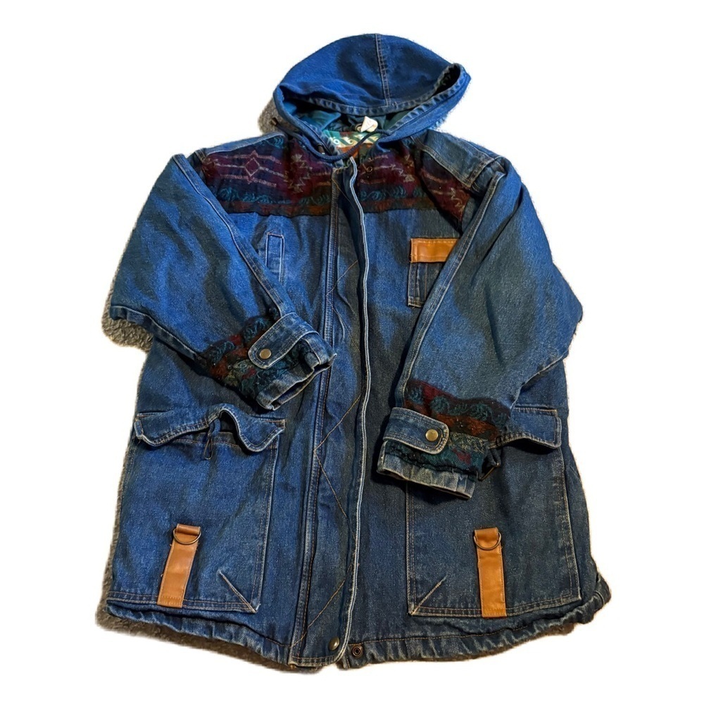 Vintage 90s southwest style hooded jean coat aztec print by Out Brook Medium
